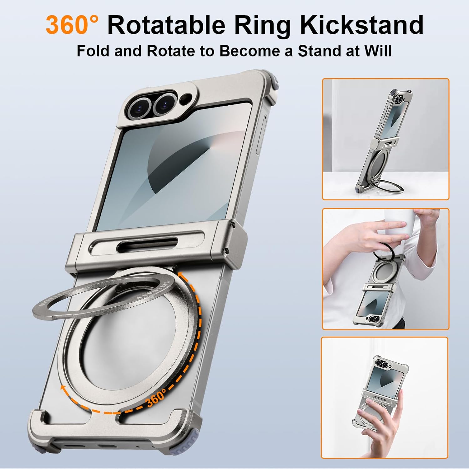 Frameless for Samsung Galaxy Z Flip 6 Case,with Kickstand 360° Rotatable Magnetic Stand Phone Cases,Aluminum Metal Slim Heat Dissipation Shockproof Protective Cover for Flip6,Natural Titanium