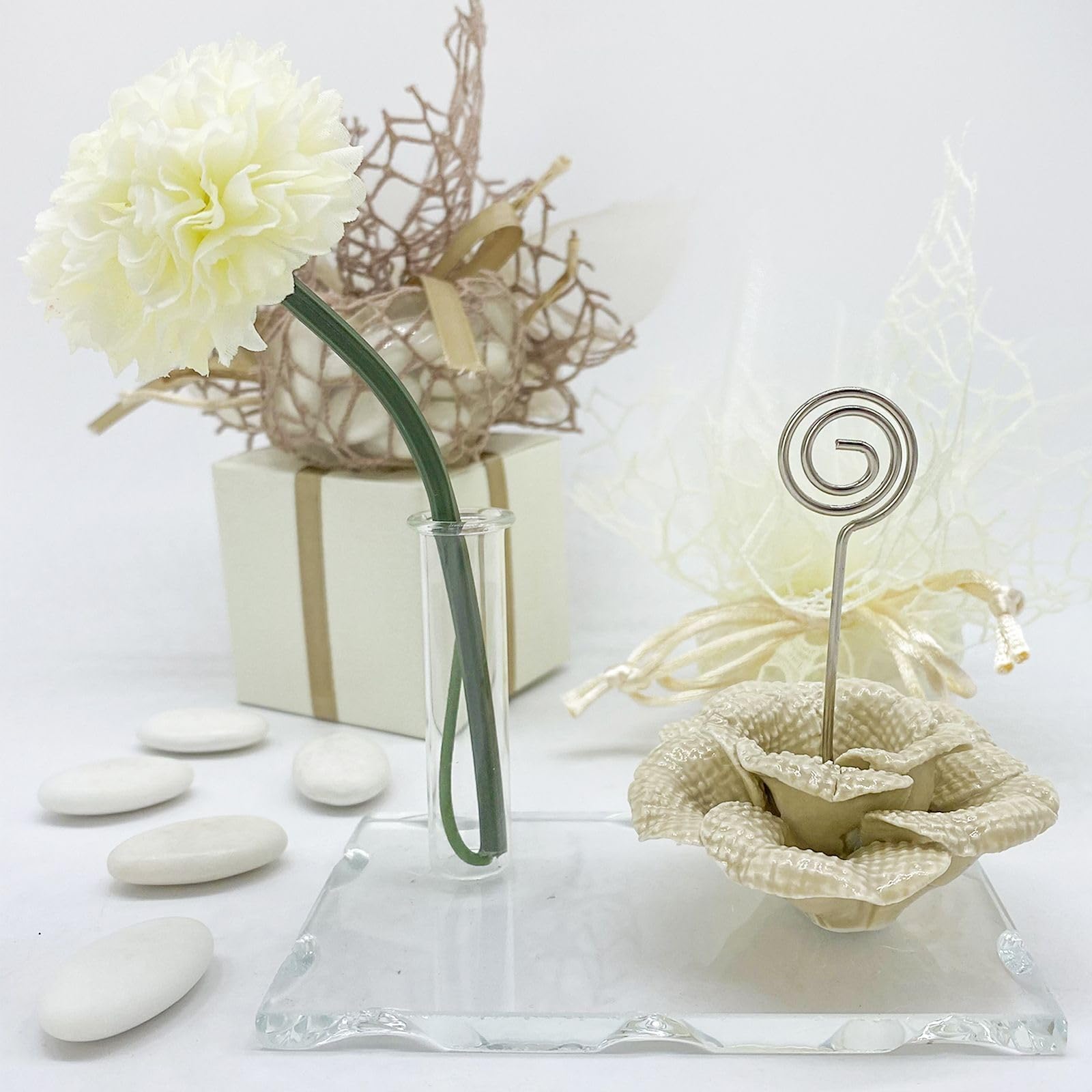Doni Bomboniere base in vetro con fiala e bacchette. Bomboniera profumatore casa e ambiente, con memoclip a forma di rosa. Celebrazione Matrimonio, Compleanno, Anniversari (10 pezzi - Senza Incisione)