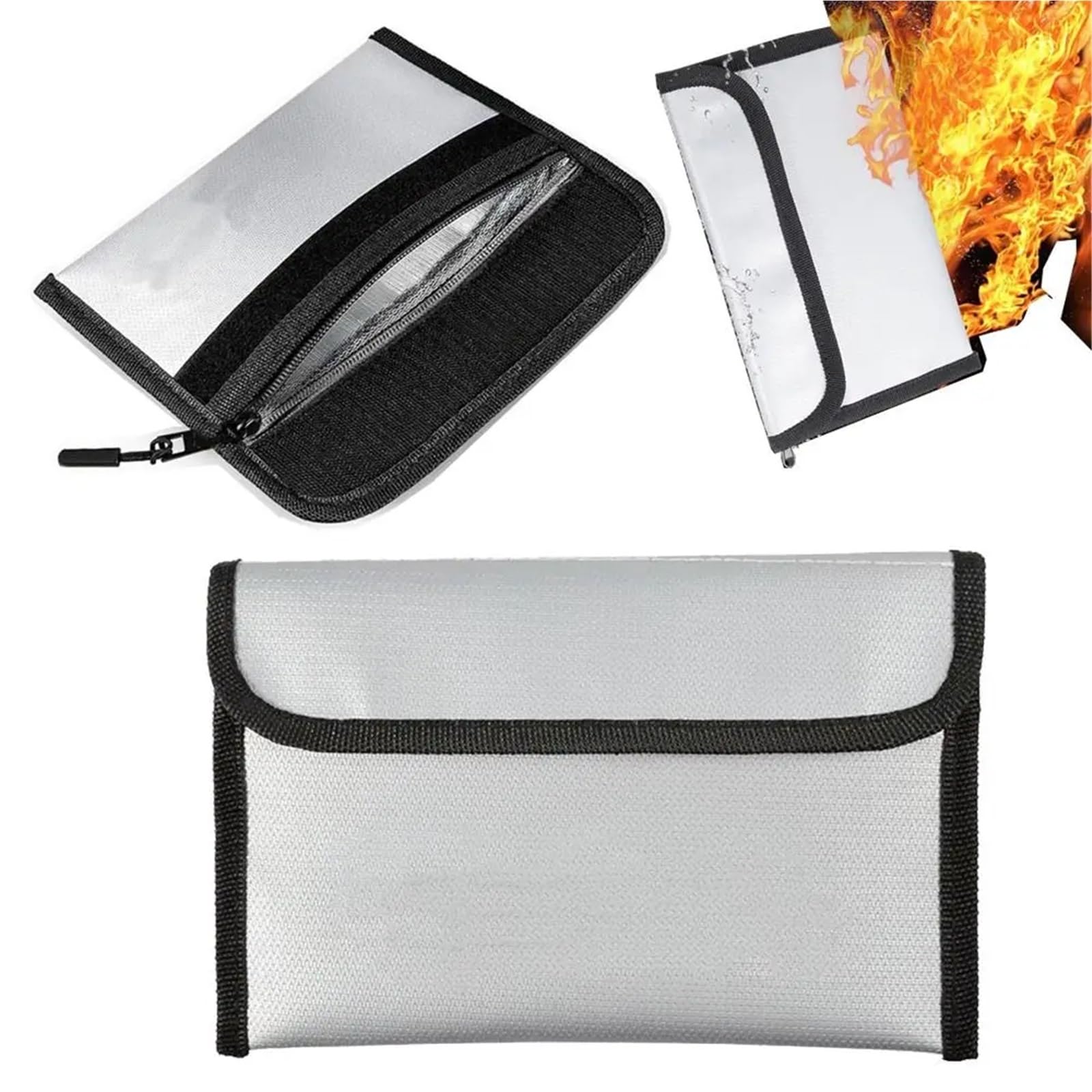2 pezzi Borsa portadocumenti ignifuga con chiusura a cerniera, impermeabile, portatile per Documenti Passaporto(Silver)
