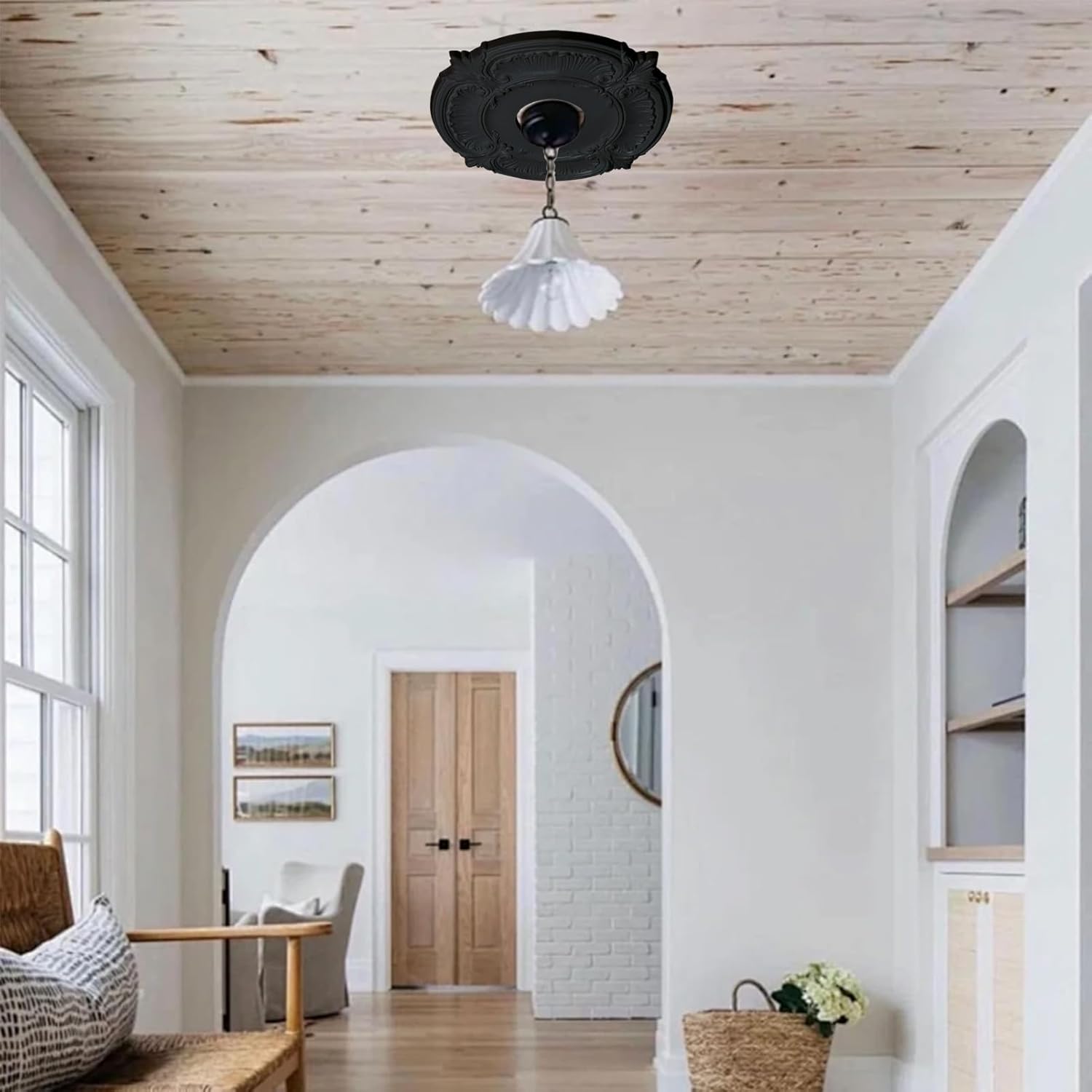 Ceiling Medallion, PU Ceiling Fan Light Covers for Light Fixtures and Ceiling Fans Chandeliers 11.8" OD x 3.42" ID, Vintage Minimalist Design Easy Install (Black-Complete Circular)