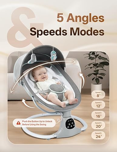 Miniatura 2 de Columpio eléctrico para bebés y niños pequeños, balancín portátil con arnés de 5 puntos, 5 velocidades de balanceo, Bluetooth, 12 canciones de cuna