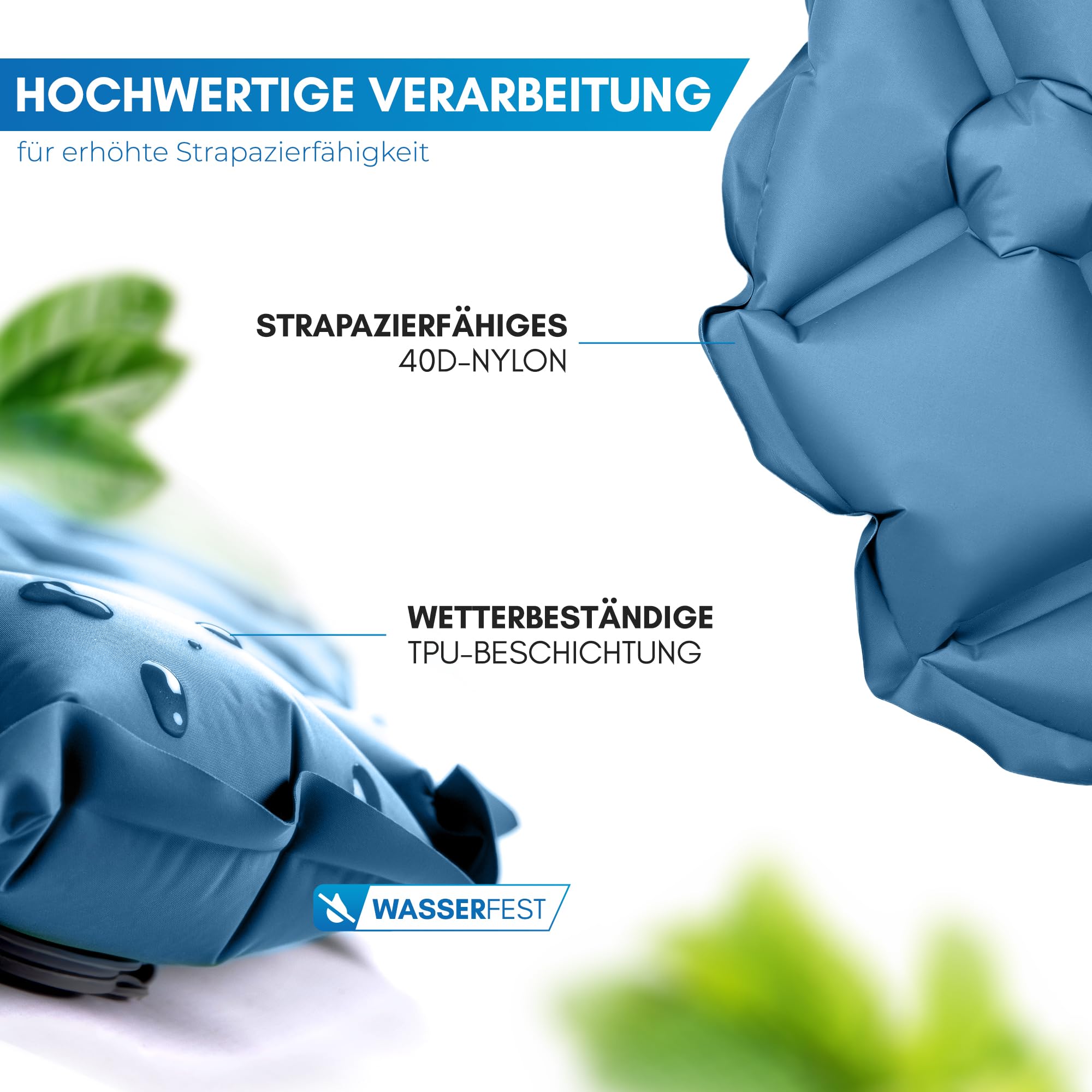 NORDMUT Isomatte Ultraleicht [mit Reparaturset] kleines Packmaß - Aufblasbare Luftmatratze Camping - Camping Matratze Wetterfest für Outdoor Zelt & Festivals - Blau