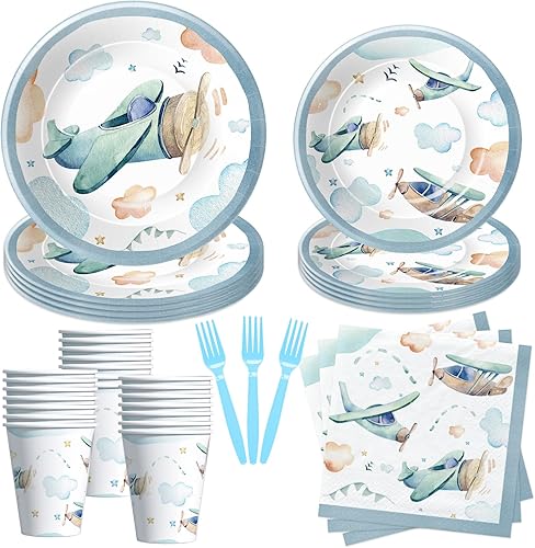 HIPVVILD Platos de cumpleaños y servilletas de avión, suministros para fiesta, decoración de fiesta de avión, vajilla, plato de papel, taza,