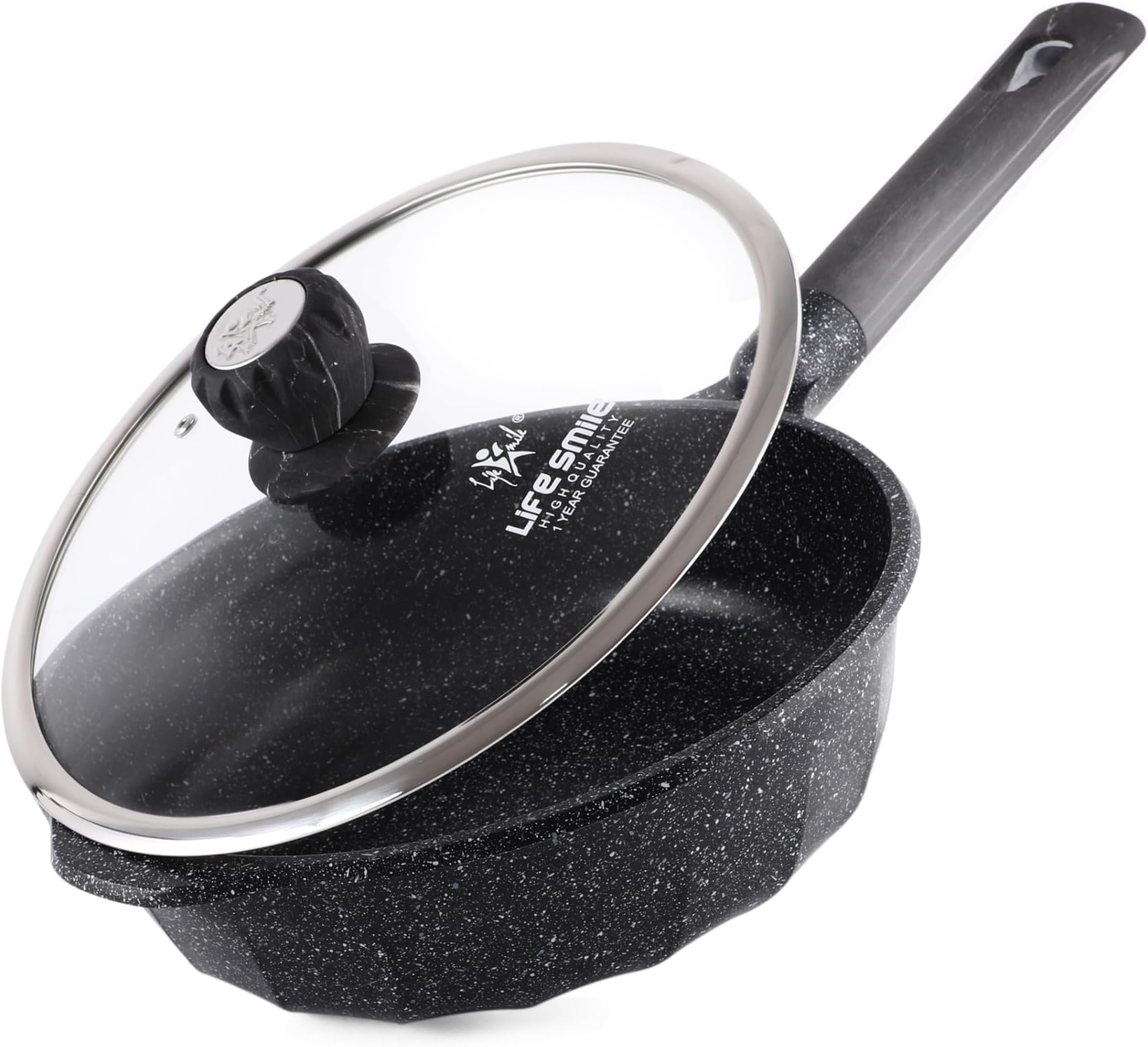 LIFE SMILE Deep Frying Pan With Lid - Multi Layer Granite Coating Non Stick Saute Pan | Stay Cool Handle With Hanging Loop | Oven Safe (Black, 28 CM(4.2 Liter,Induction))