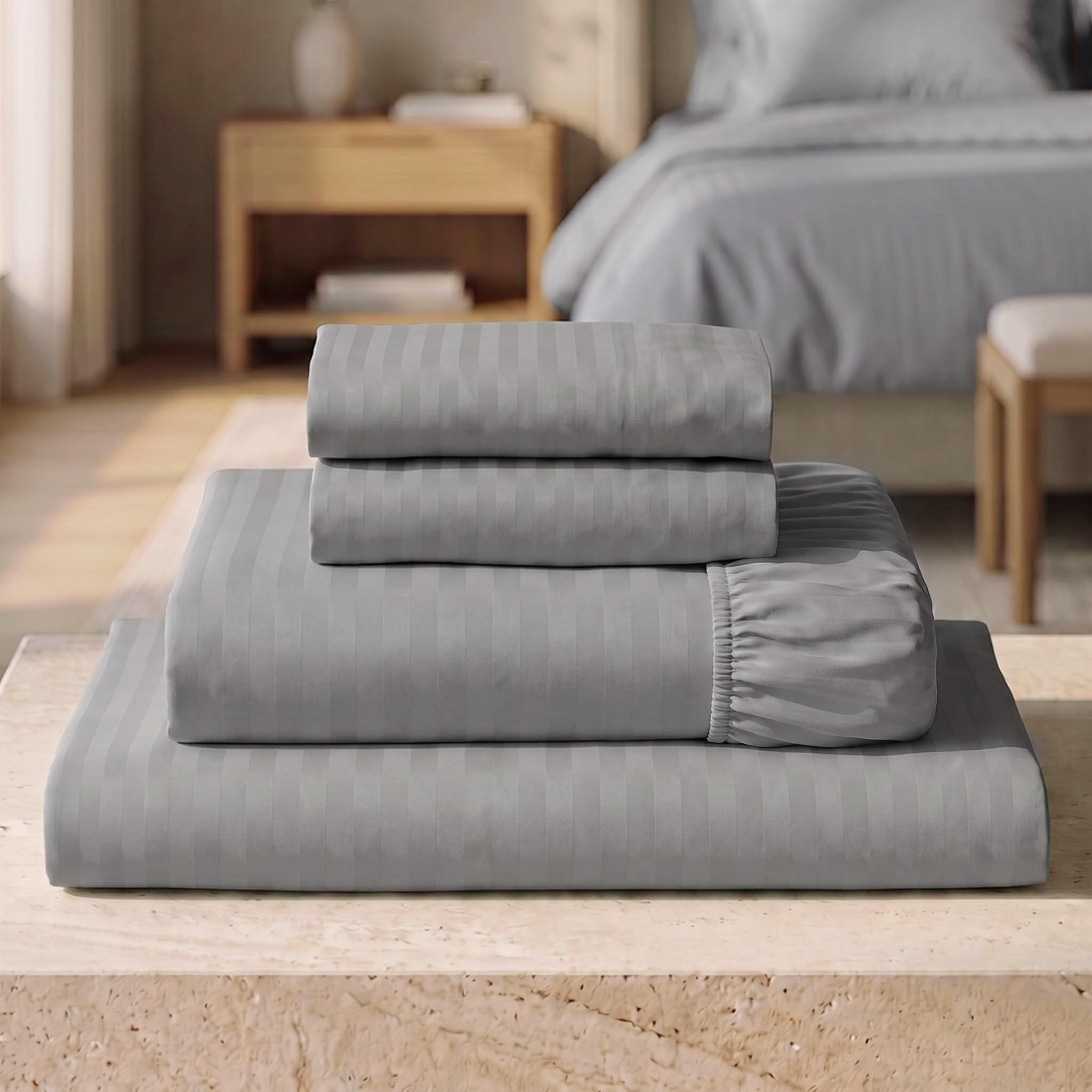 Mellanni Iconic 4-Piece, Ultra Soft Sheet Set (King, Striped Gray/Silver)
