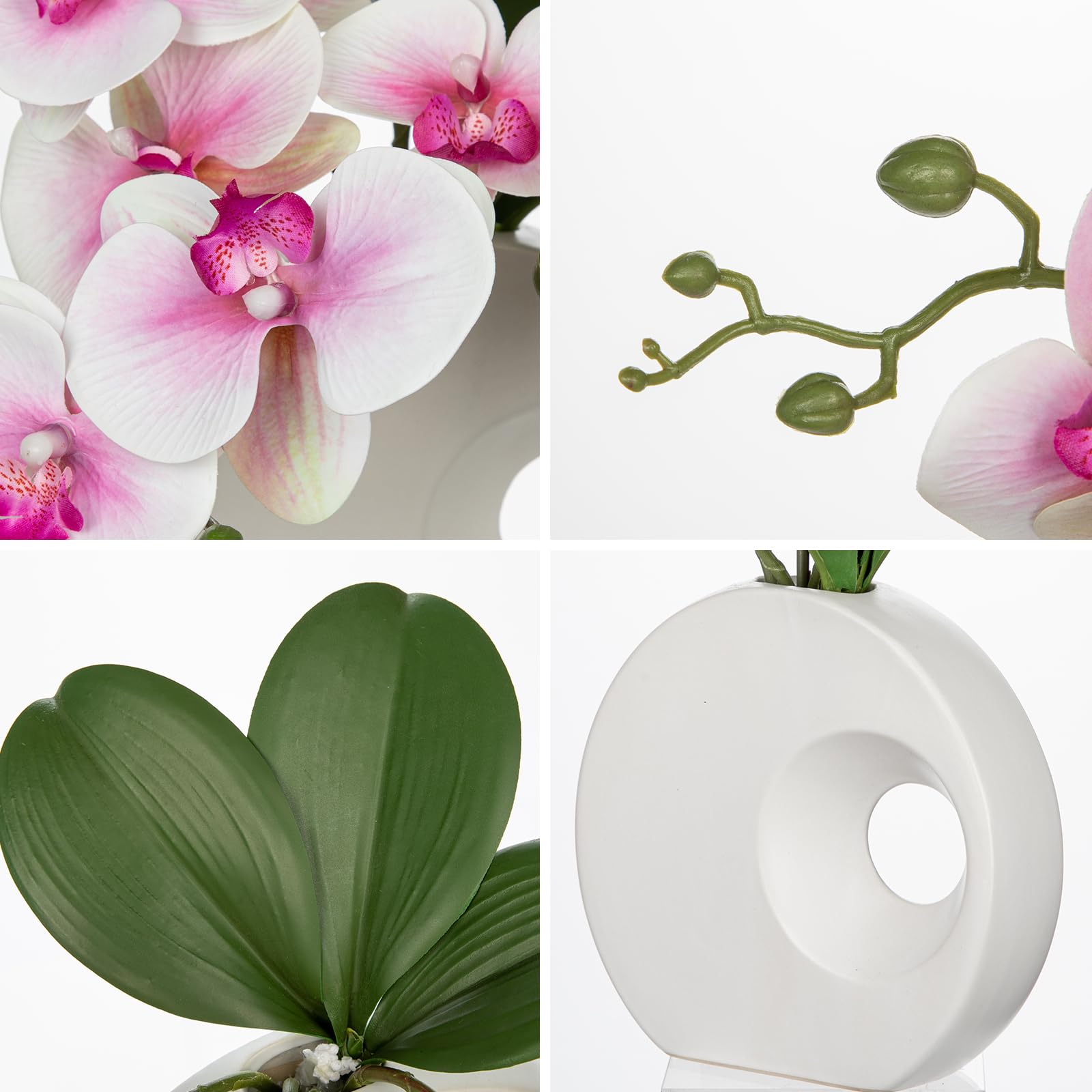Kunstpflanze Orchideen mit Keramik Donut Vase Künstliche Blume Phalaenopsis Kunstblumen Wie Echt Mit Real-Touch Blüten im Keramiktopf für Tischdekoration Wohnkultur Büro Hochzeitsfeier Dekoration