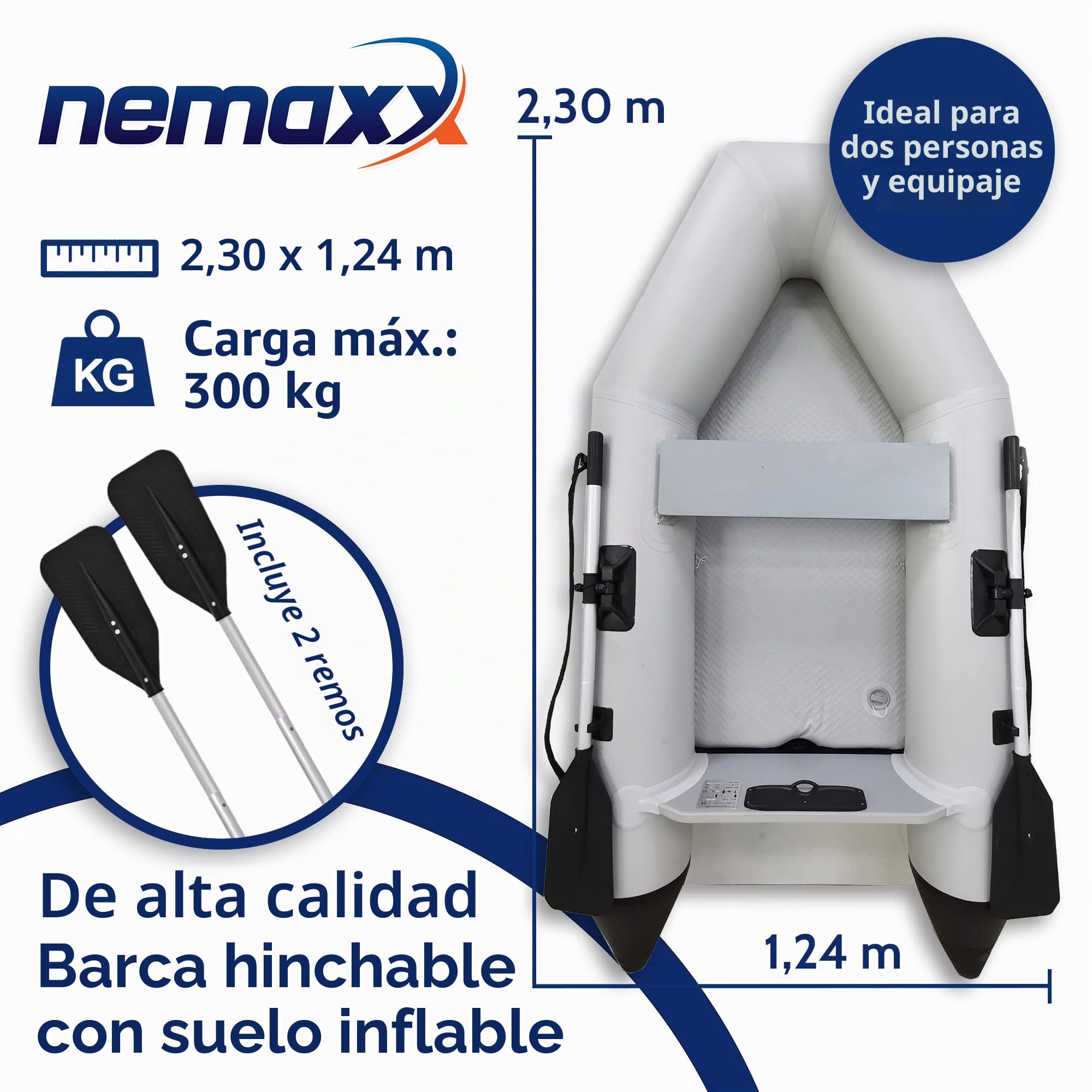 NEMAXX® Bote Inflable 230/330/380 cm para 2/5/7 Personas – Bote de Remo, Pesca y Palas – Suelo Inflable/Suelo de Aluminio, motorizable, hasta 905 kg – Incl. 2 remos, Bomba, Bolsa y Kit de reparación