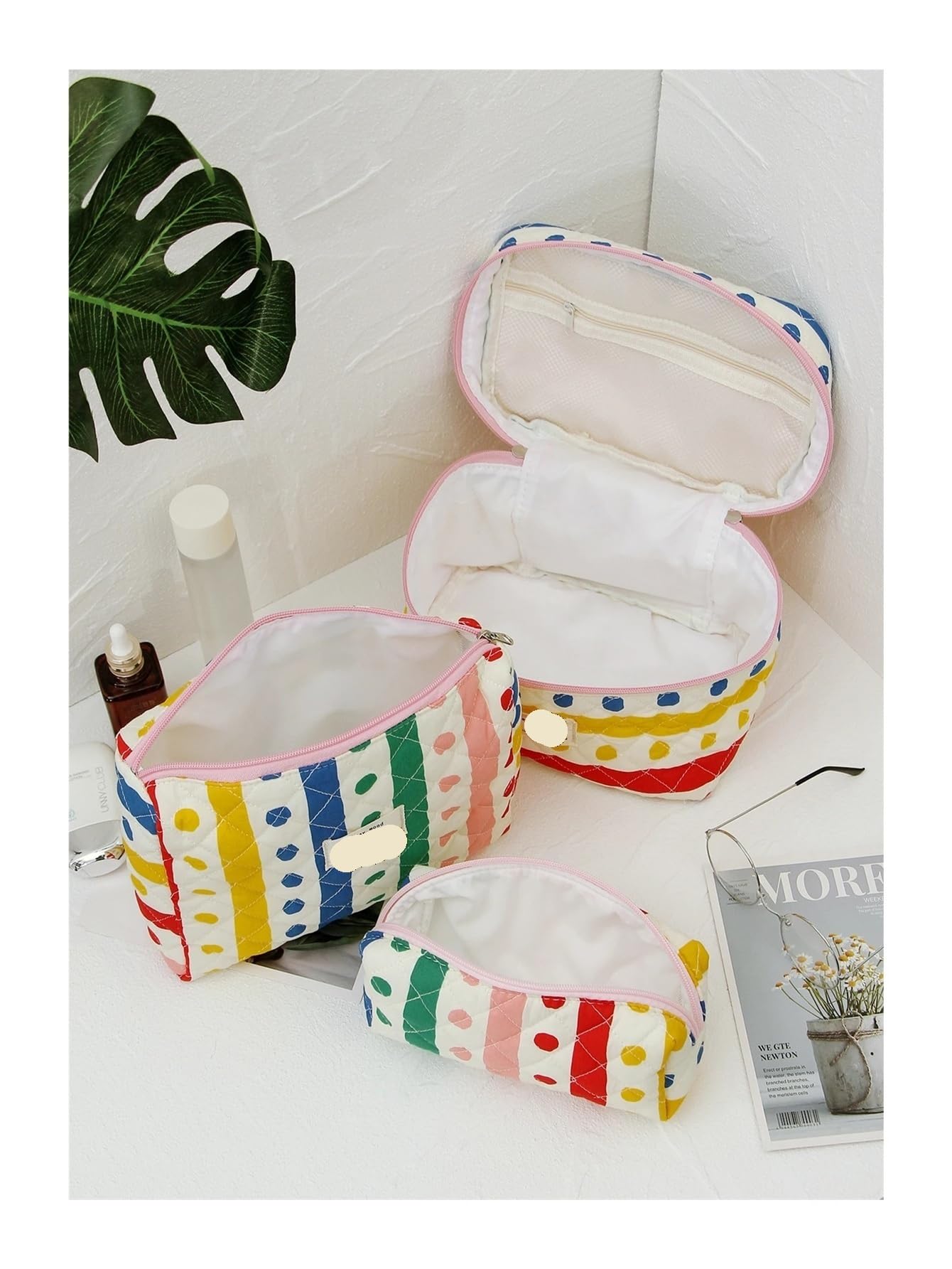 Kosmetiktasche 3 Teile/Satz Bunte Stepp Make-Up Tasche Set Floral Make-Up Tasche Reißverschluss Ästhetische Kulturbeutel Reise Kosmetik Tasche