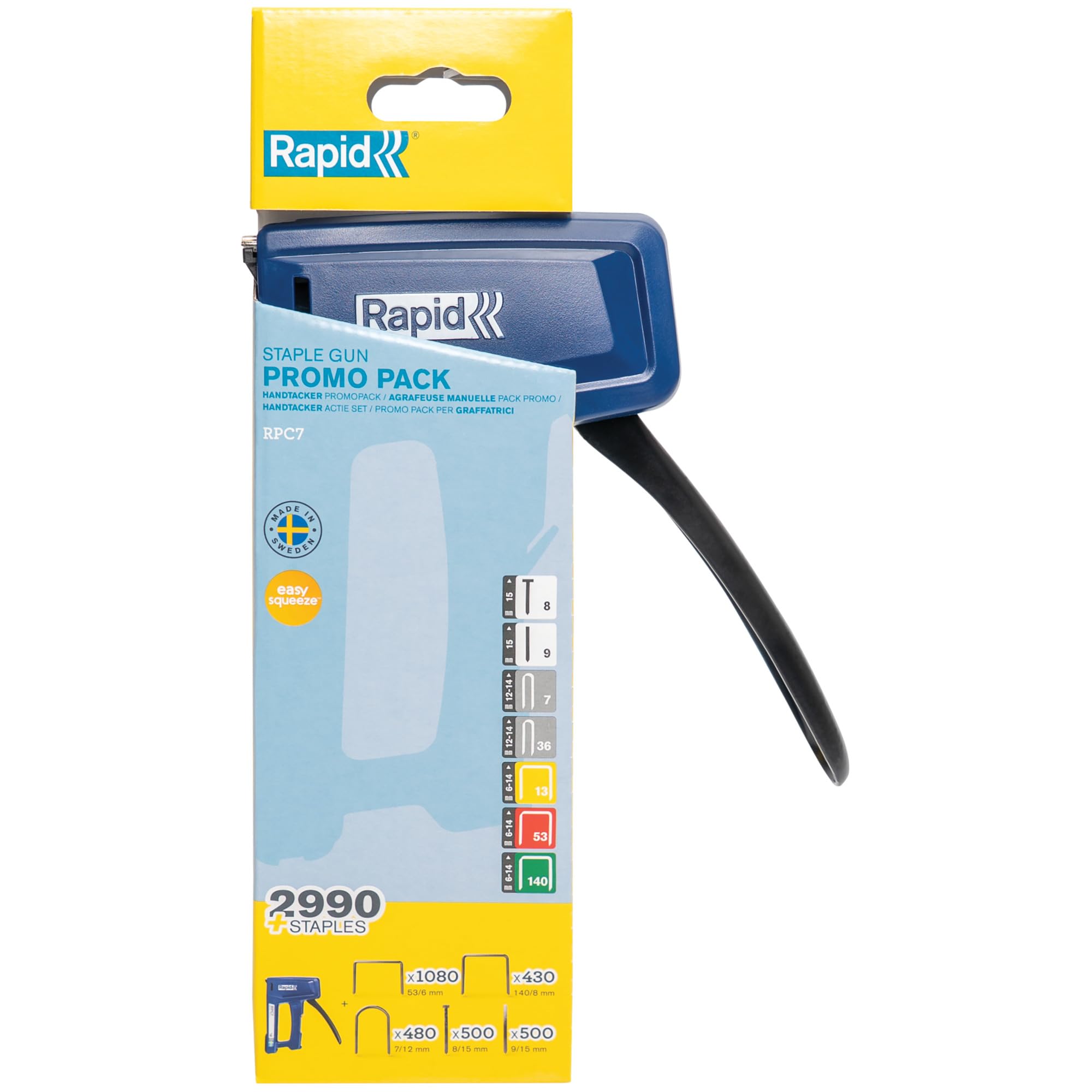 Rapid RPC7 Graffatrice Manuale 7 in 1 con 2990 Graffe e Chiodini, per il Fissaggio di Tappezzeria, Cavi e Moquette su Pareti in Legno, Tecnologia PowerCurve 50% Meno Faticosa, Realizzata in Svezia