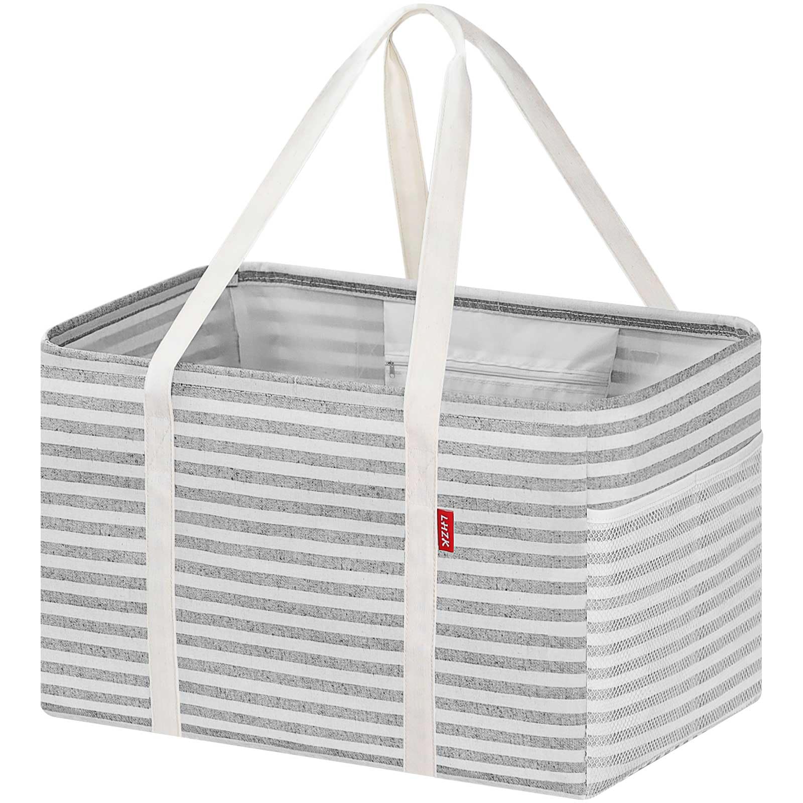 LHZK Standing Utility Tote Bag with Metal Wire Frame and the Sides Rinforced, Large Tote Bag with Handle, Reusable Grocery Bags Foldable, Beach Bag, Car Tote (Gray, 18.5''x11.8''x11.5'')