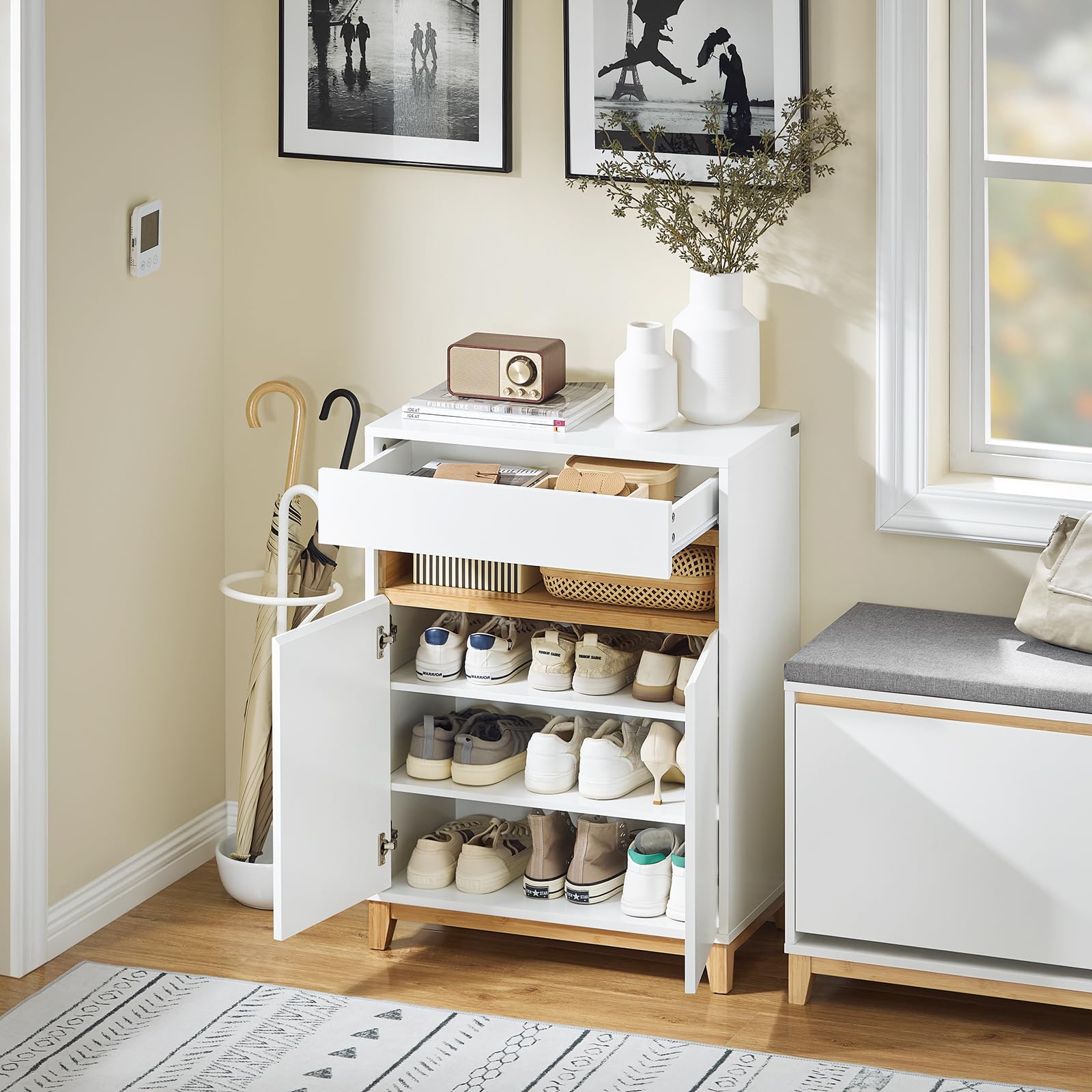 SoBuy Credenza Cucina Mobile Soggiorno – Madia Salvaspazio con Cassetto e Ripiani Regolabili - Mobiletto Ingresso Multiuso Per Cucina, Ingresso o Salotto - Bianco/Naturale 60x34x85cm FSB97-WN