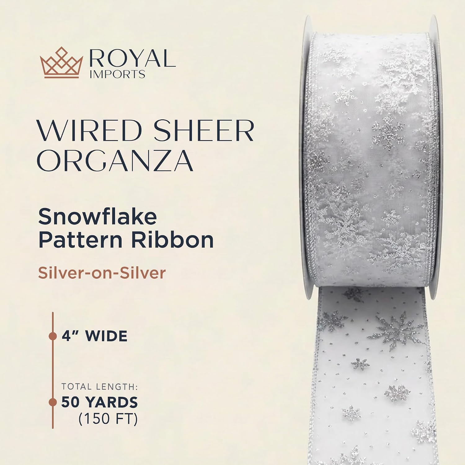 Royal Imports Glitter Organza Sheer Wired Ribbon 2.5" 50Yd Silver Snowflake image 2