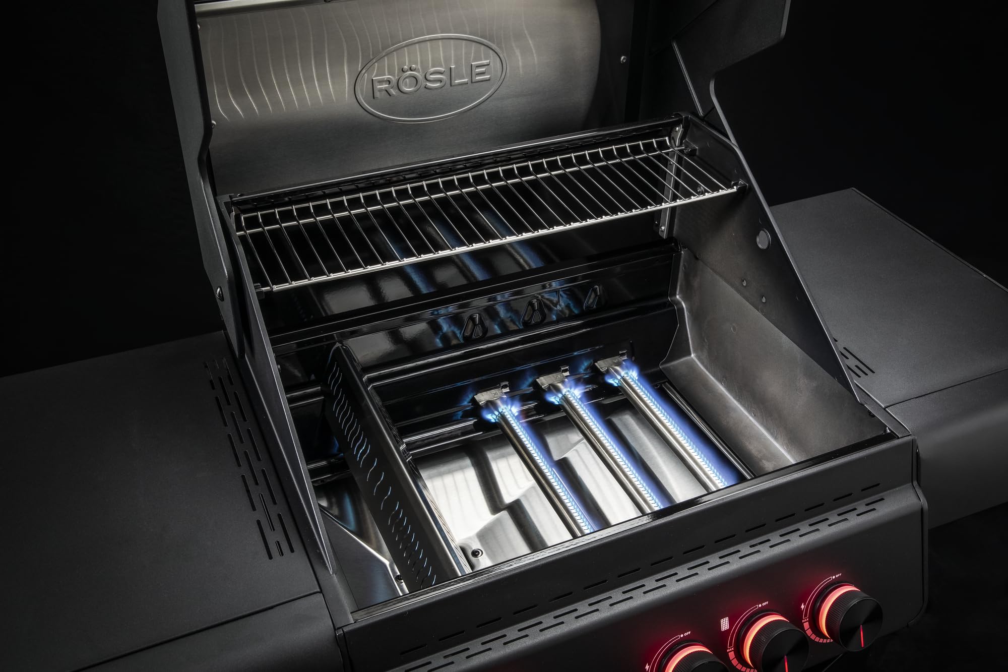 RÖSLE ALLFLAME Peer 3 Barbacoa de Gas con 3 Quemadores (3.5 kW cada uno), CRISPZONE (3 kW) hasta 450°C, Superficie de Asado 60x45 cm, Rejillas de Fundición, Fundición Inyectada de Aluminio, Negro