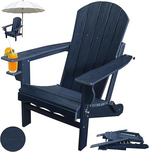Sillas Adirondack plegables, silla Adirondack de plástico HDPE con soporte para tazas, resistente a la intemperie, textura de madera, sillas para