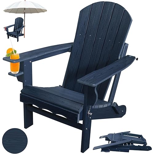 Folding Adirondack Chairs, HDPE Plastic Adirondack Chair with Cup Holder Weather Resistant, Wood Texture Outdoor Fire Pit Chairs for Patio Garden,Poolside and Deck, Umbrella Hole, Dark Blue