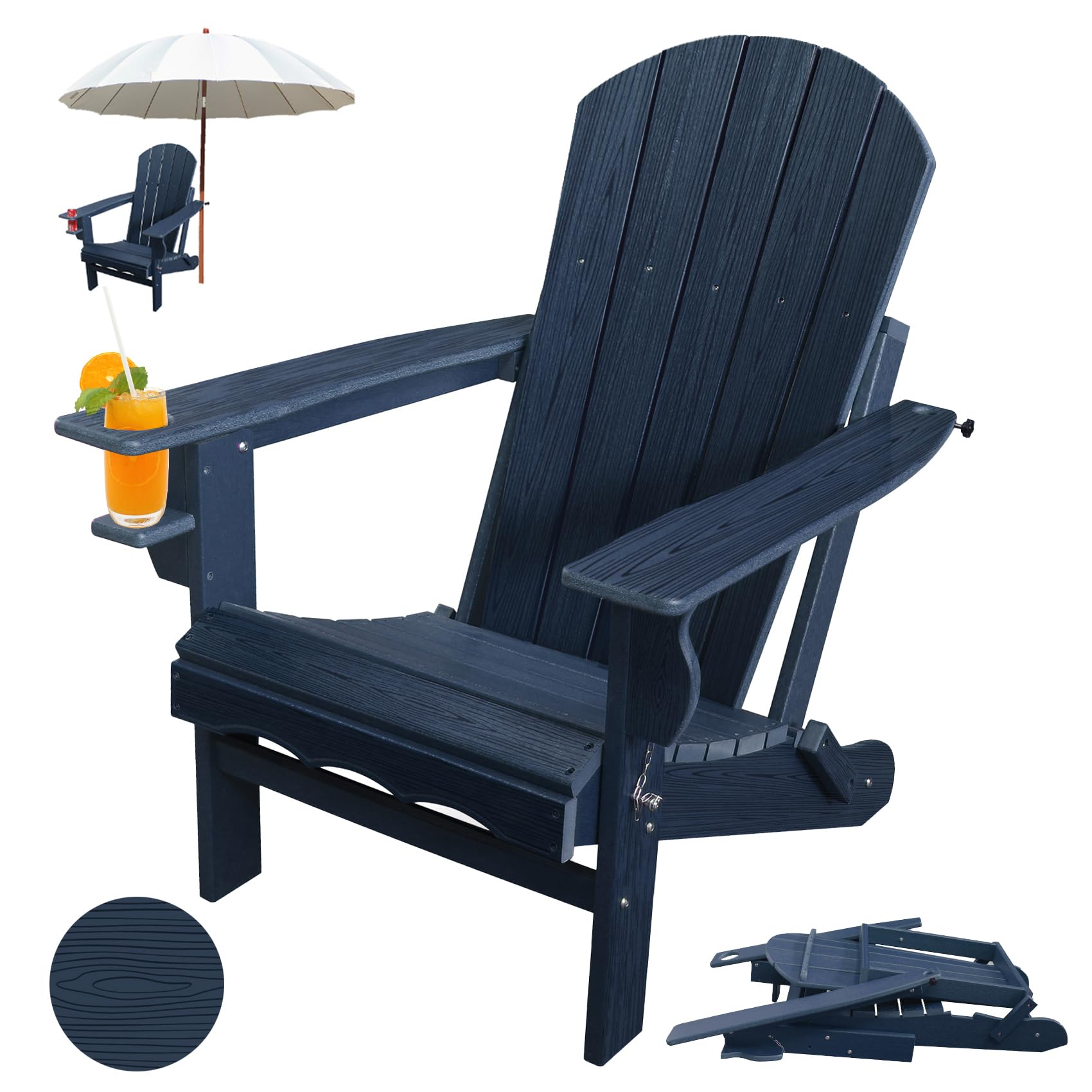 Folding Adirondack Chairs, HDPE Plastic Adirondack Chair with Cup Holder Weather Resistant, Wood Texture Outdoor Fire Pit Chairs for Patio Garden,