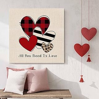 Valentines Love Hearts on Burlap Canvas Wall Art 16x16in, Stretched and Framed Canvas Painting Artwork, Lattice Stripe Leopard Sweetheart Modern Wall Art for Living Room Bedroom Decor