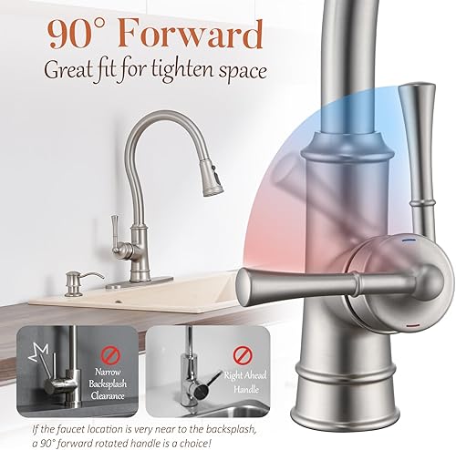 Miniatura 4 de WINKEAR Grifo de cocina de latón con rociador extraíble, 3 modos de rociador, grifo de fregadero de cocina de pico largo, arco alto romano, tres o