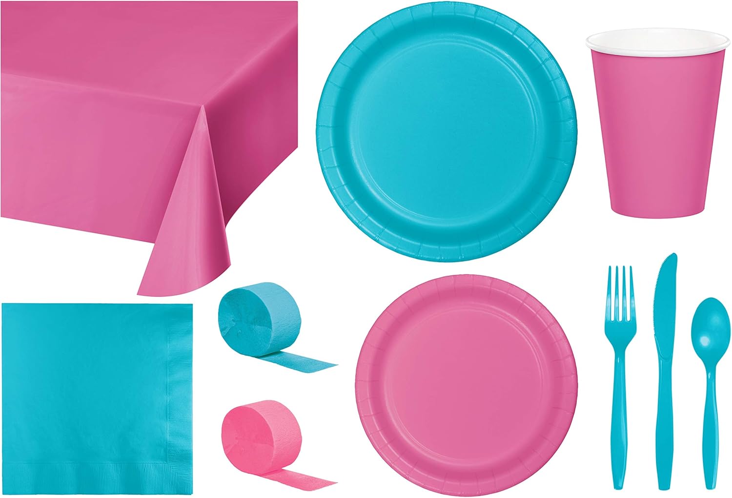 Baxters Party Bundle Bulk, Tableware for 24 People Candy Pink and Bermuda Blue, 2 Size Plates Napkins, Paper Cups Tablecovers and Cutlery, Box of 199