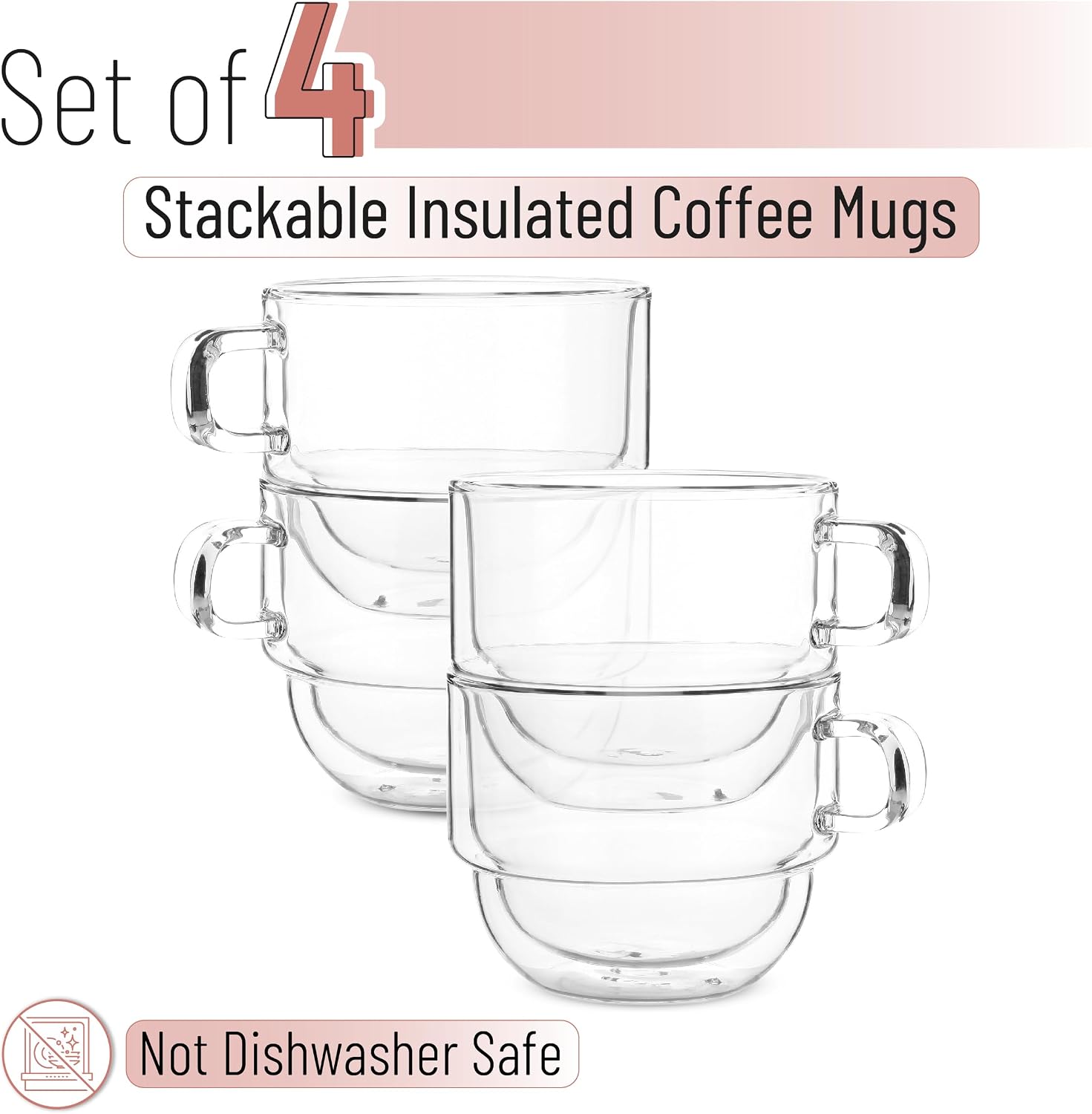 BTaT- Double Walled Stackable Glass Coffee Mugs, 12 oz, Set of 4, Glass Coffee Cups with Handle, Insulated Clear Coffee Mug for Hot and Cold Beverages, Cappuccino, Latte, Tea, Americano image 2