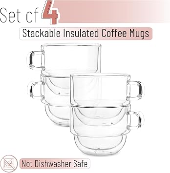 BTaT- Stackable Insulated Coffee Mugs, 4 Pack 12 oz(350 ml), Ideal for Hot and Cold Drinks, Stackable Cappuccino Cups