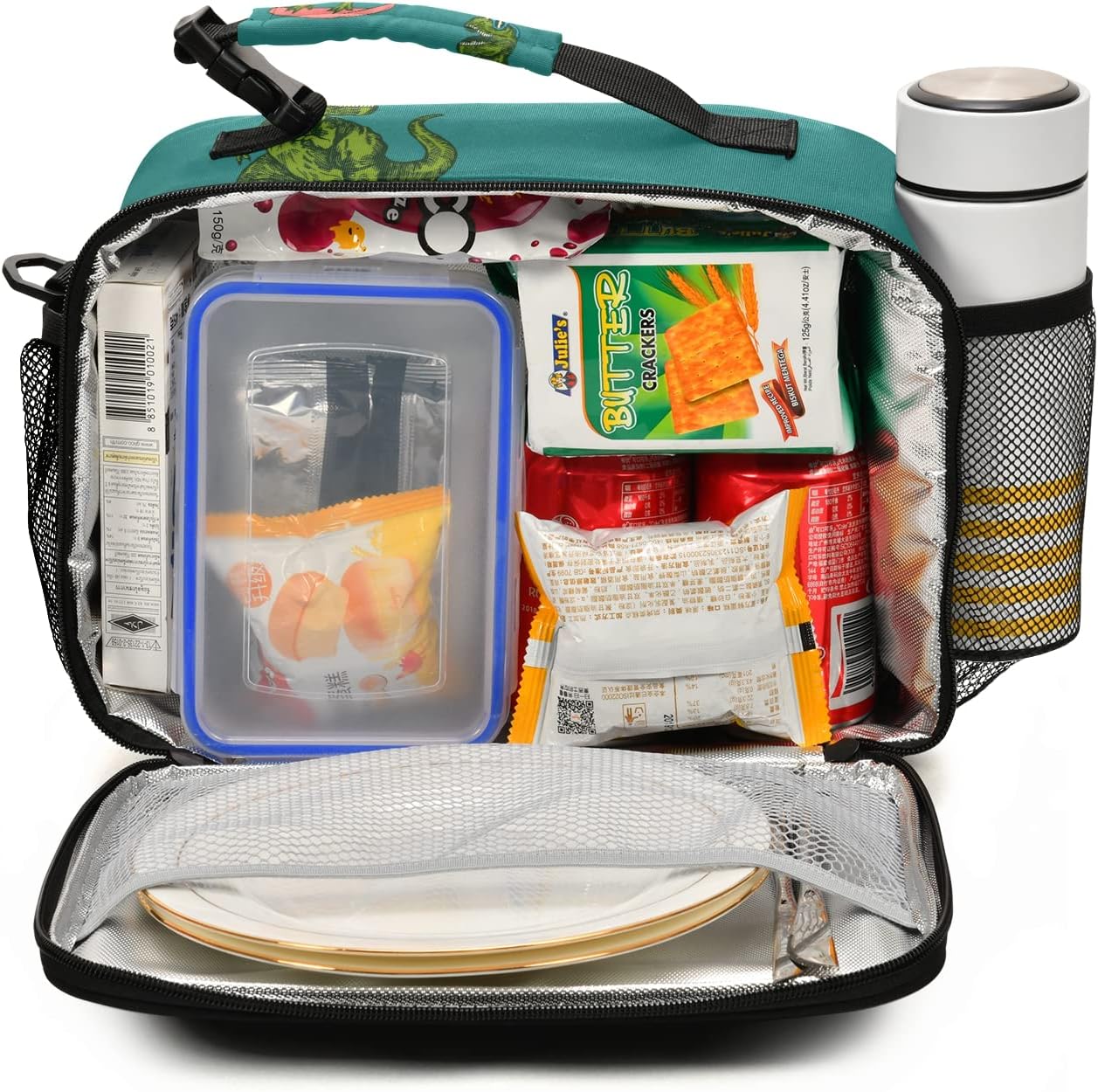 Custom Green Skateboard Dinosaur Lunch Bag, Personalized Your Text Name Lunch Box for Boys Girls, Insulated Cooler Bag Lunch Tote Bag with Shoulder Strap for School Office Picnic Travel
