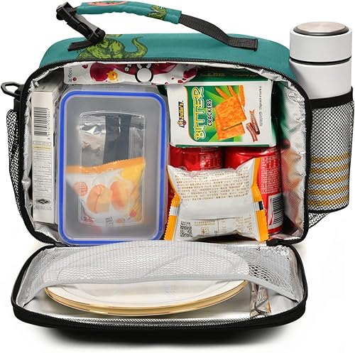 Miniatura 2 de Bolsa de almuerzo de dinosaurio verde personalizada con nombre de texto para niños y niñas, bolsa térmica aislada con correa para el hombro, para la