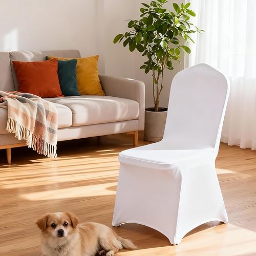 Vista 6 de Yahpetes Funda para silla de banquete de poliéster y elastano, color blanco, parte delantera plana, elástica, para bodas, banquetes, comedores, 1