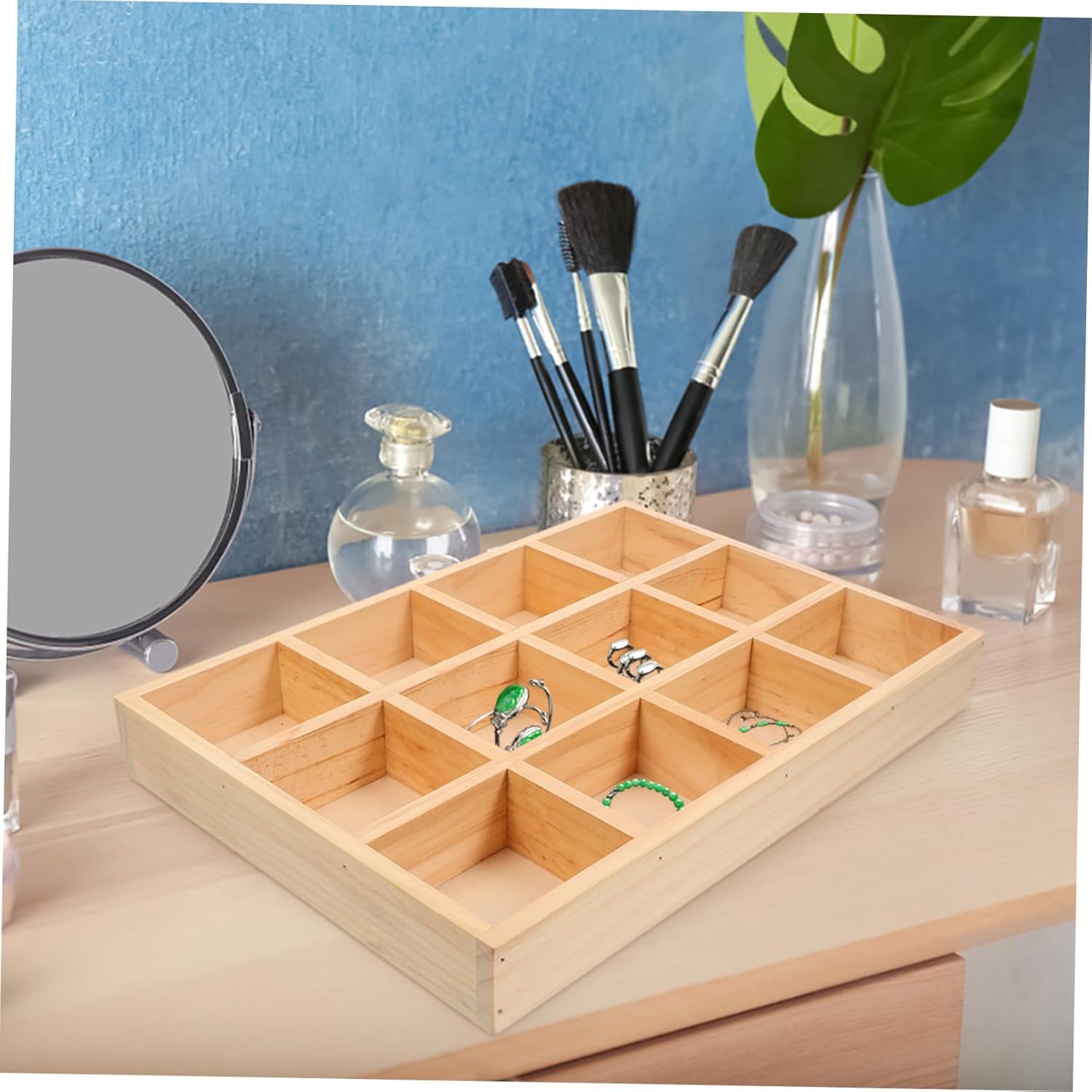 Lurrose Rustic Wooden Jewelry Tray with Multi Function Storage Plate for Organizing Necklaces Earrings Rings Elegant Desktop Display Sturdy Design Natural