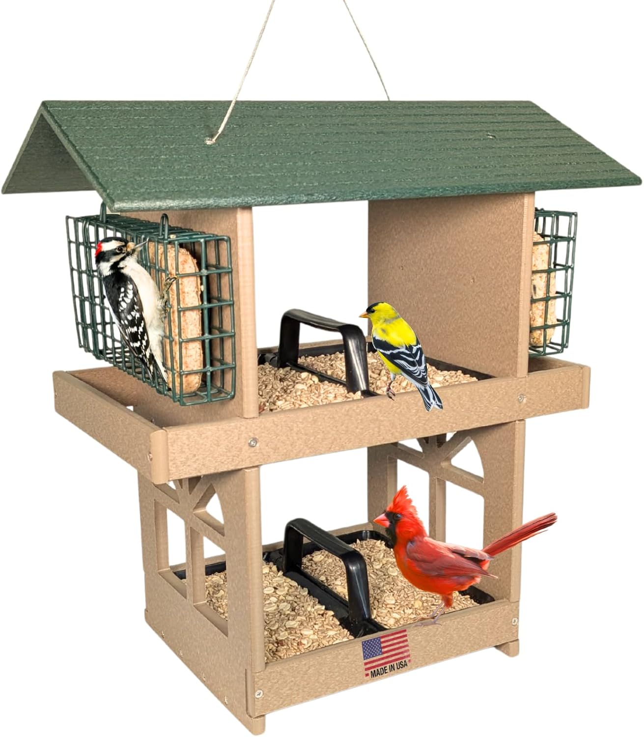 JCs Wildlife Double Fly Thru Platform Bird Feeder with Roof - Holds 8 Cups of Bird Seed & 4 Suet Cakes - Made in The USA (Fly Thru Feeder Only, Green and Tan)