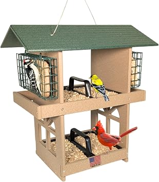 JCs Wildlife Double Fly Thru Platform تغذية الطيور مع السقف - تحمل 8 أكواب من بذور الطيور و4 كعكات Suet - مصنوعة في الولايات المتحدة الأمريكية، تطير من خلال وحدة التغذية فقط، باللون الأخضر والأسمر