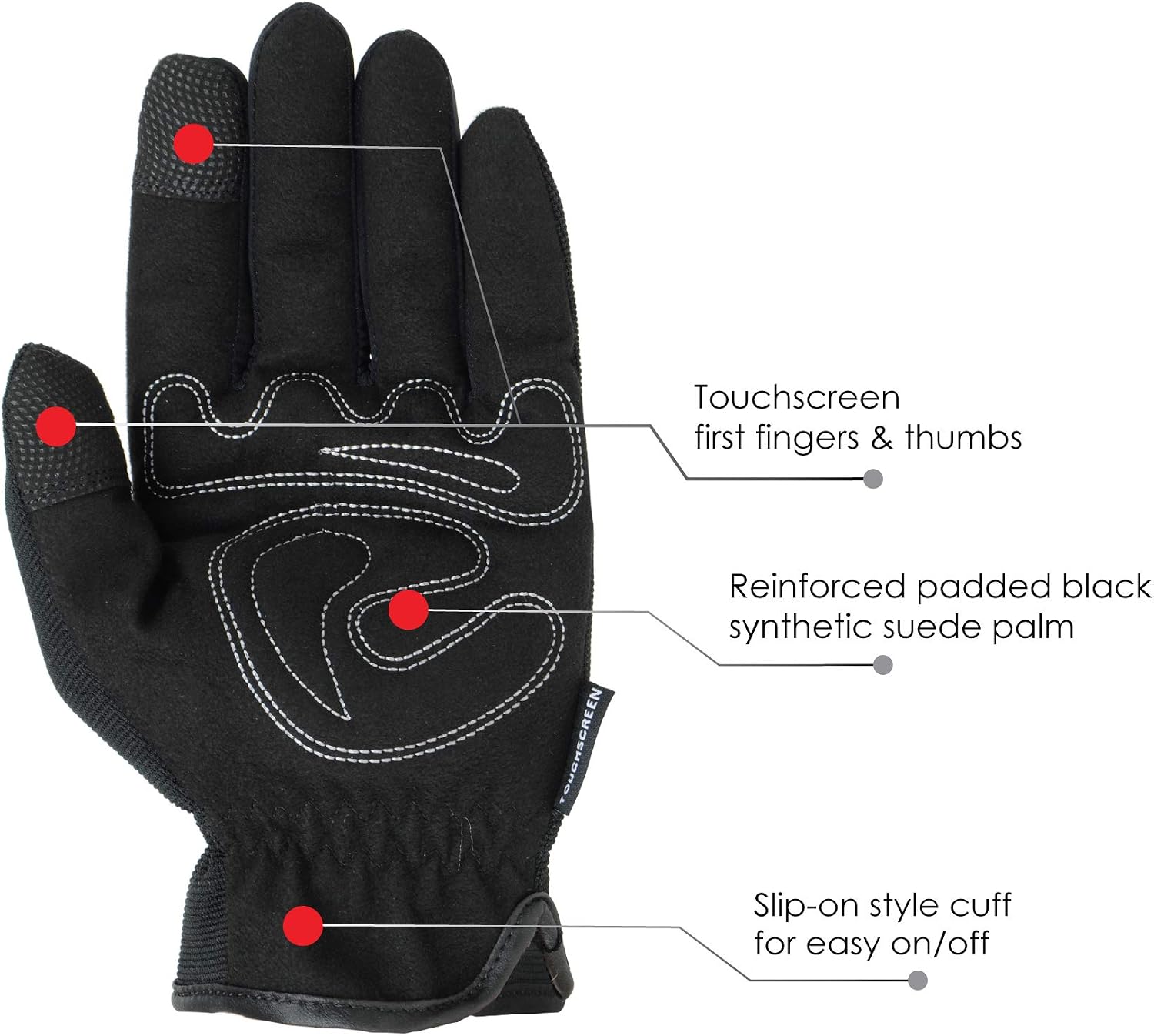 Touchscreen Mechanics Slip-on Gloves, Synthetic Suede Palm, Spandex Back, Black, Unlined