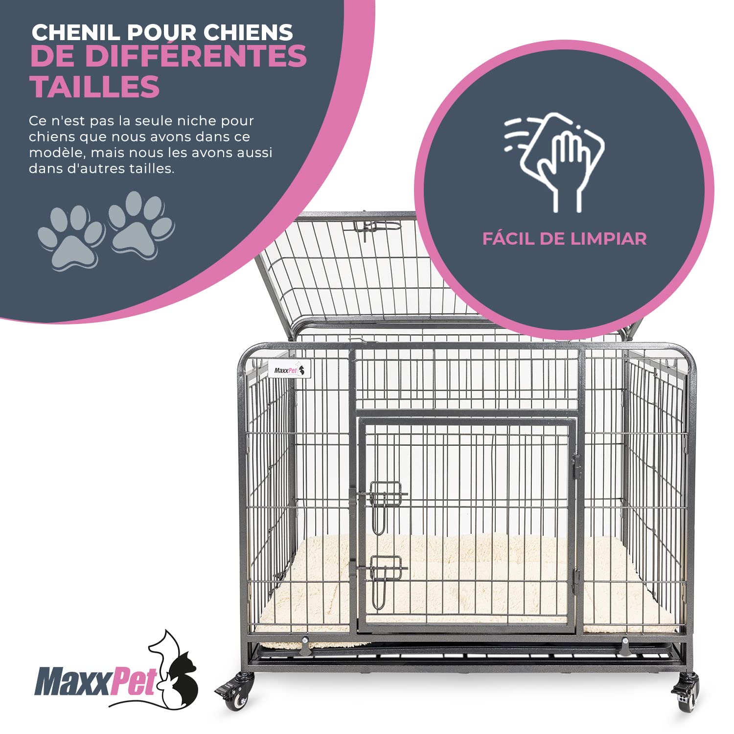 MaxxPet Cage pour Chien - Cage Pliable en Métal pour Chien - Caisse De Transport pour Chien XXL - avec Plaid Luxueux et roulettes - Convient pour Le Transport - 94x58x70 cm - Gris