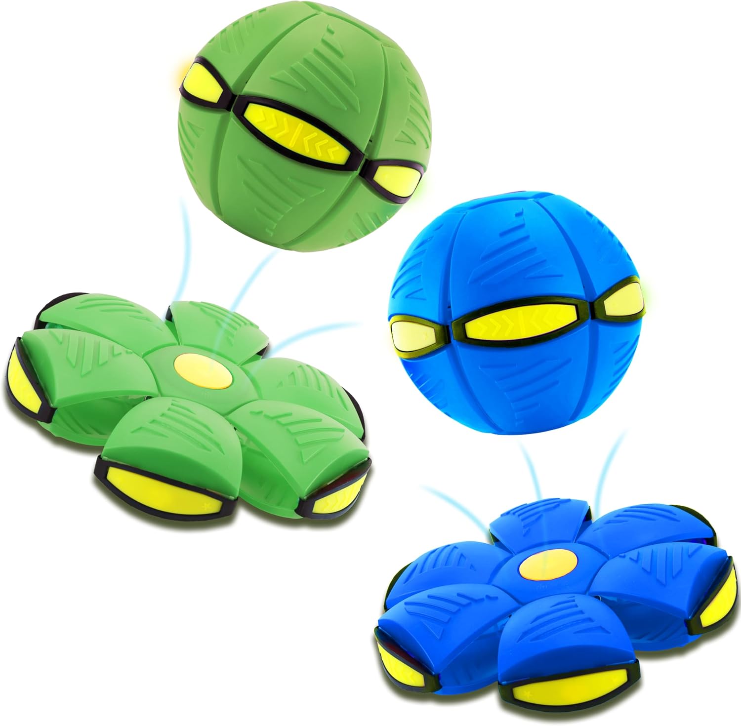Magic Metaball, Children's Bouncing Ball, 2PCS Magic Flying Saucer Interactive Pop-Up Transform Toy, Parent-Child Interaction Blue and Green Bouncy Ball, Delay Frisbee Flying Disc Toy with 6 Light