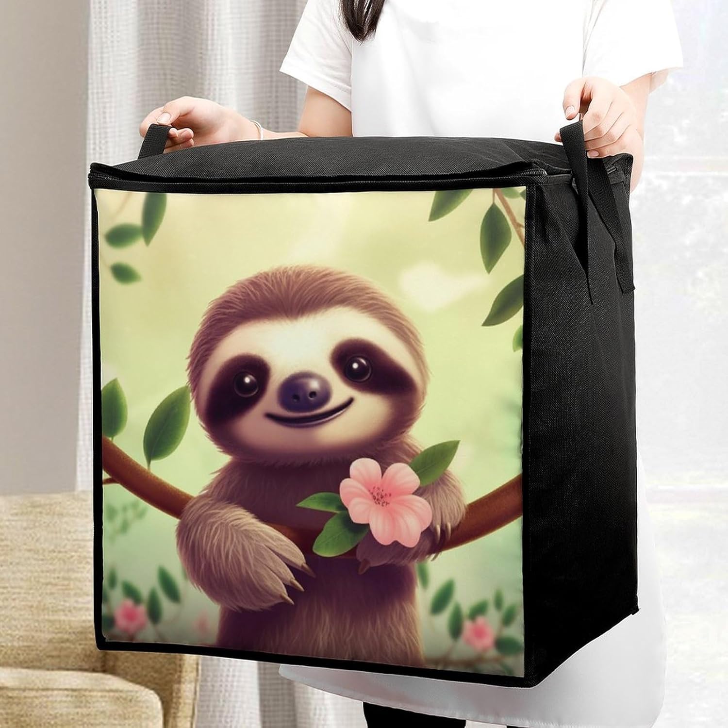 Quilt Storage Bag,Cute Sloth Printed Large Foldable Storage Container Portable Travel Storage Bag for Blankets, Quilts, Clothes, Comforter, Bedding And Pillows