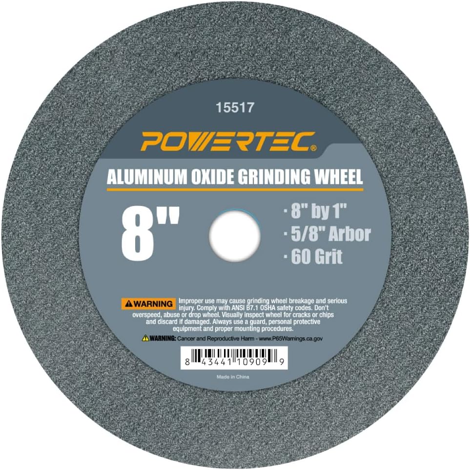 POWERTEC Bench Grinder Wheel 8 Inch 60 Grit, Aluminum Oxide Grinding Wheel for Bench Pedestal Grinder, 1" Thick 5/8" Arbor, Sharpening & Shaping Drill Bits, Blade, and Chisel 1PK (15517)
