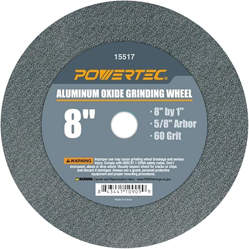 POWERTEC Muela amoladora de banco de 8 pulgadas, grano 60, muela abrasiva de óxido de aluminio para amoladora de pedestal de banco, eje de 1 pulgada