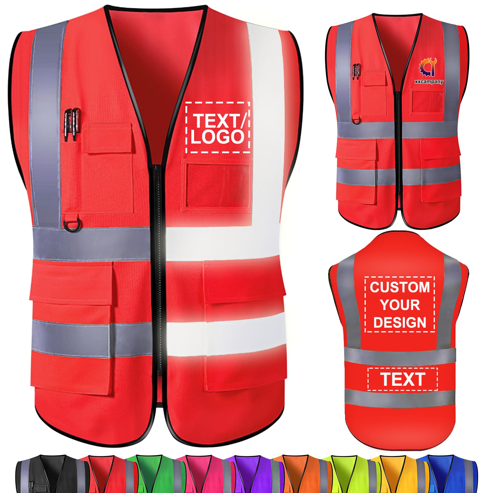 Custom Safety Vest Bulk with Logo/Text/Name Personalized High Visibility Reflective Vests with Pockets Zipper for Men Women