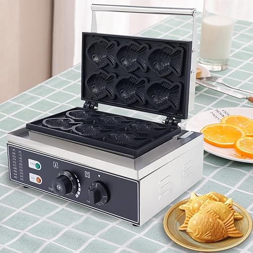 Miniatura 4 de Taiyaki Waffle Maker - Máquina de gofres en forma de pez, antiadherente, tipo pez japonés, 1550 W, 110 V, waflera eléctrica con 6 conos en forma de