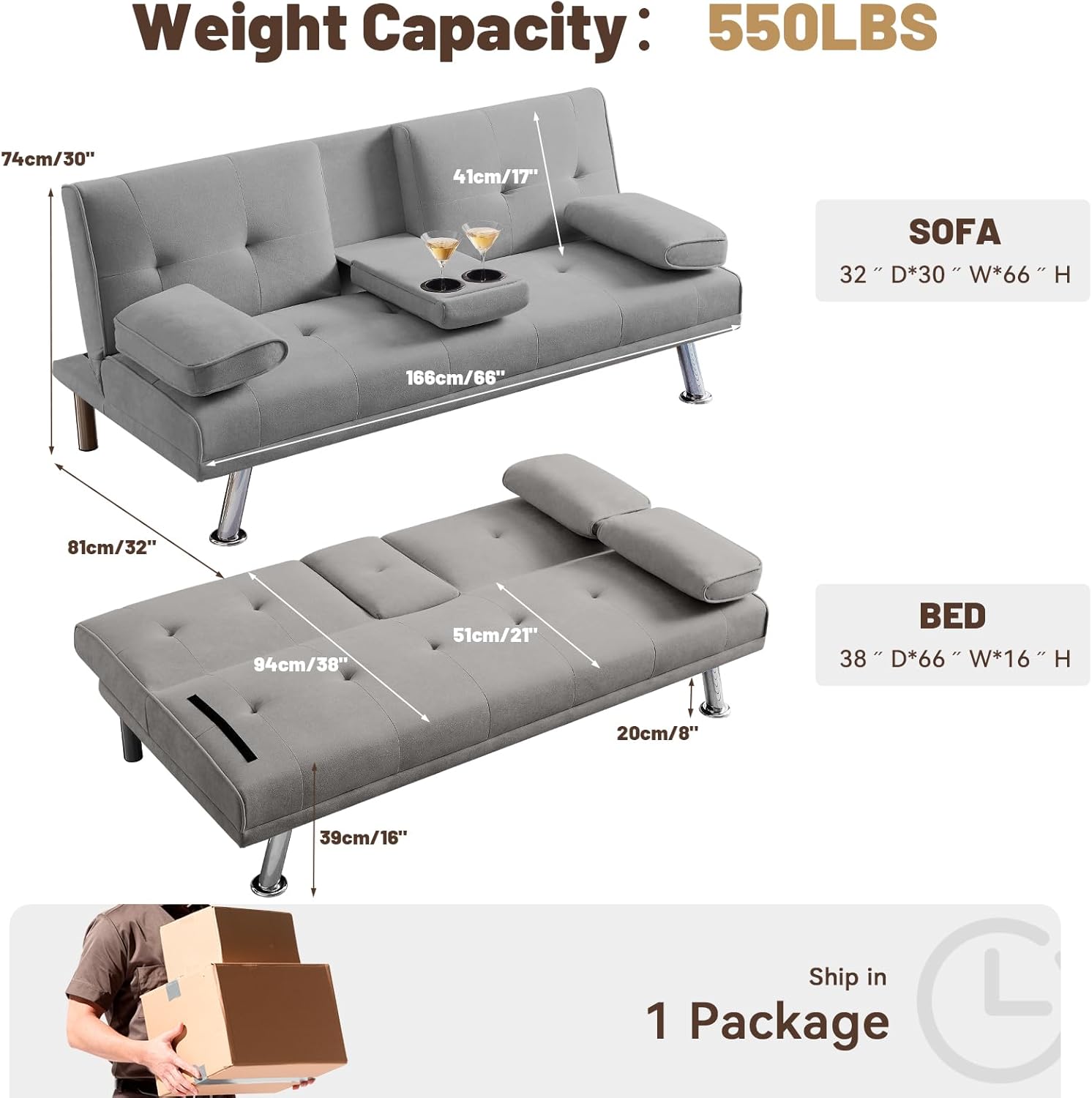 Folding Sofa Bed,Velvet Futon Sofa Couch for Living Room,Convertible Recliner Sleeper Sofa Bed,Adjustable Loveseat w/Removable Armrests,2 Cupholders,Light Gray