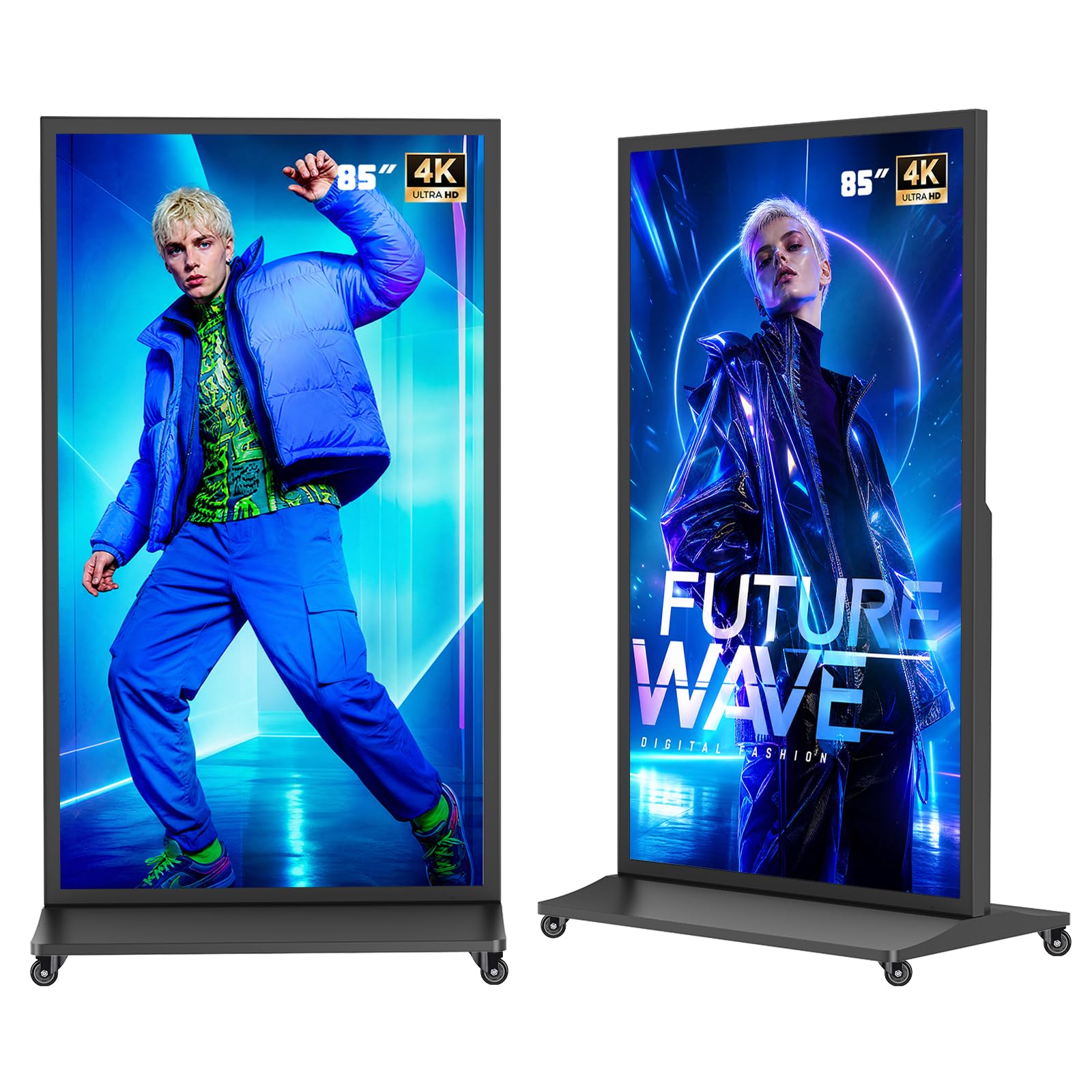 MWE 85 Zoll Digitaler Kundenstopper, 4K UHD Digital Signage Display, Full-Screen LCD Digital Customer Stopper, Werbedisplay mit Rollen, geeignet für Restaurant, Einkaufszentrum, Einzelhandel