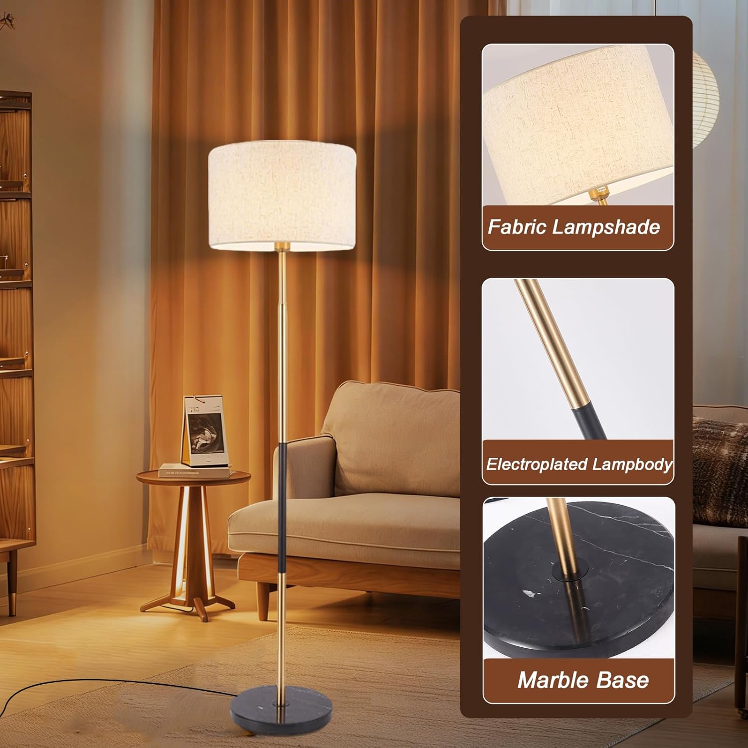 Mid Century Modern Floor Lamp for Living Room Tall Standing Lamp 3 Color Temperatures Corner Floor Lamps with Linen Shade & Marble Base Reading Light for Bedroom Office Lighting