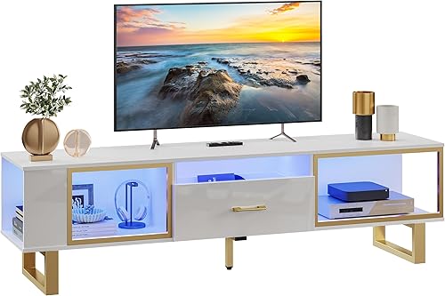 Miniatura 7 de Bestier Soporte de TV con luces LED para televisores de hasta 80 pulgadas, moderno centro de entretenimiento con almacenamiento abierto y cajón de