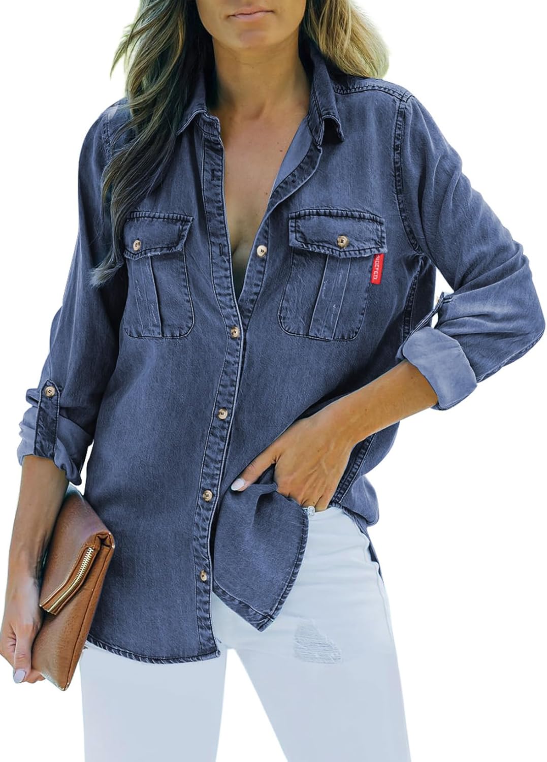 Sidefeel Women's Denim Top Long Sleeve Jean Shirt Button Down Denim Shirt