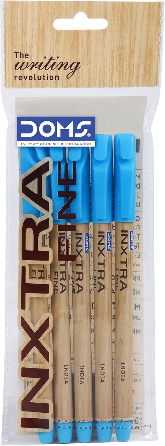 Doms Inxtra Fine Ballpoint Pen| 0.7mm Tip| Lightweight, Fade Resistant, Comfortable Grip, Smooth Long Writing| Natural Wood Body Colour| ULV Ink Technology| Ink Colour-Blue| Pack of 5 Pens