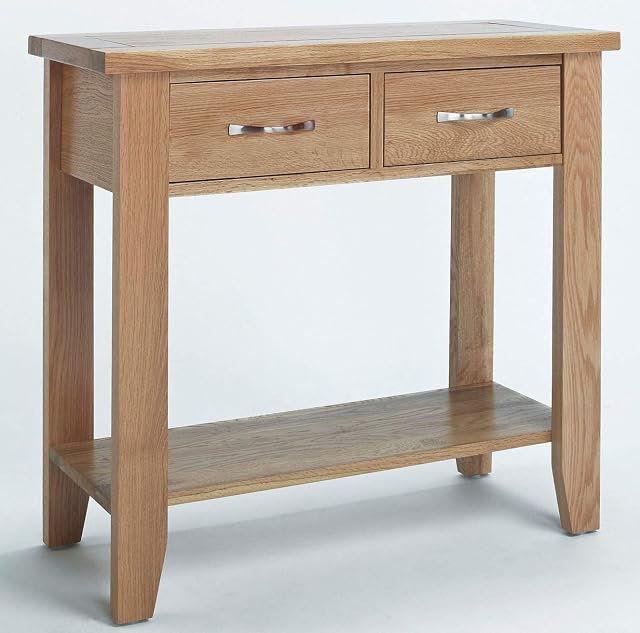 Hallowood Furniture Camberley Oak Console Table with 2 Drawer in Light Oak Finish-Solid Wooden Console Table with Shelf for Extra Storage for Living Room - Hallway Table Fits in Small