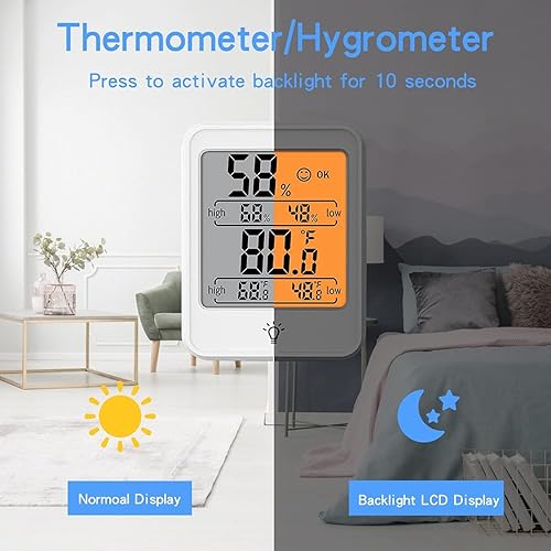 Miniatura 6 de Termómetro higrómetro digital para interiores, monitor de humedad con luz de fondo, adecuado para dormitorio, habitación de bebé, bodega, sala de