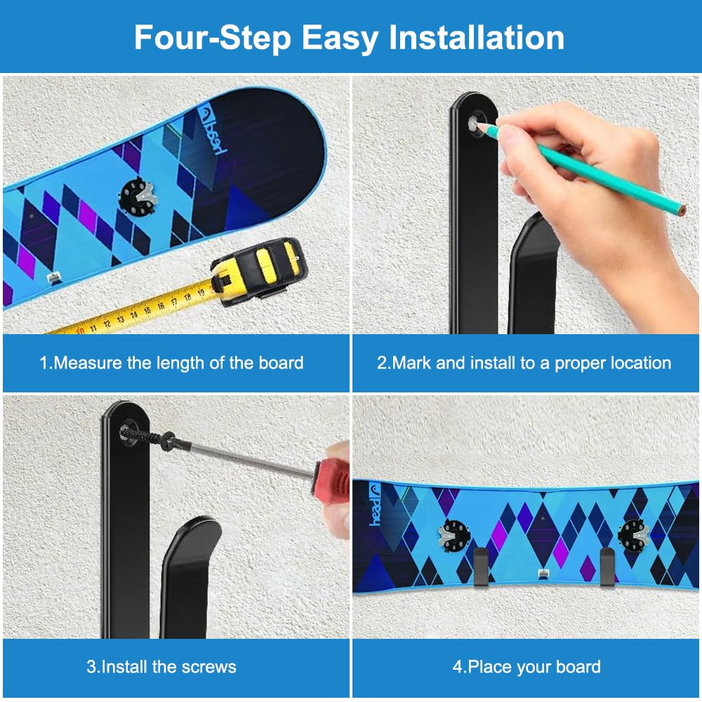 EXIN DECHEN 4 Piezas Soporte Skate Pared, Negro Estante de Exhibición para Snowboard Soporte de Pared para Monopatín con Tornillo para Tablas como Monopatines, Longboards, Wakeboards