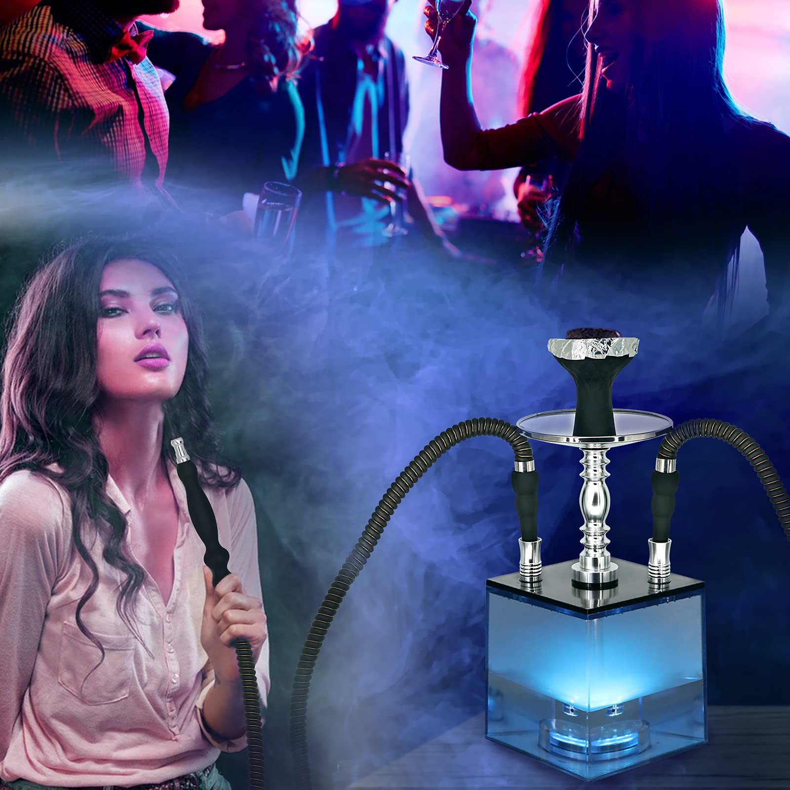 Hookah, juego de cachimba de acrílico con micro cubo LED – Incluye 2 mangueras – 16 fascinantes ajustes de color estático – Divertido kit de narguiles para adultos – hogar, bares, clubes, bodas,