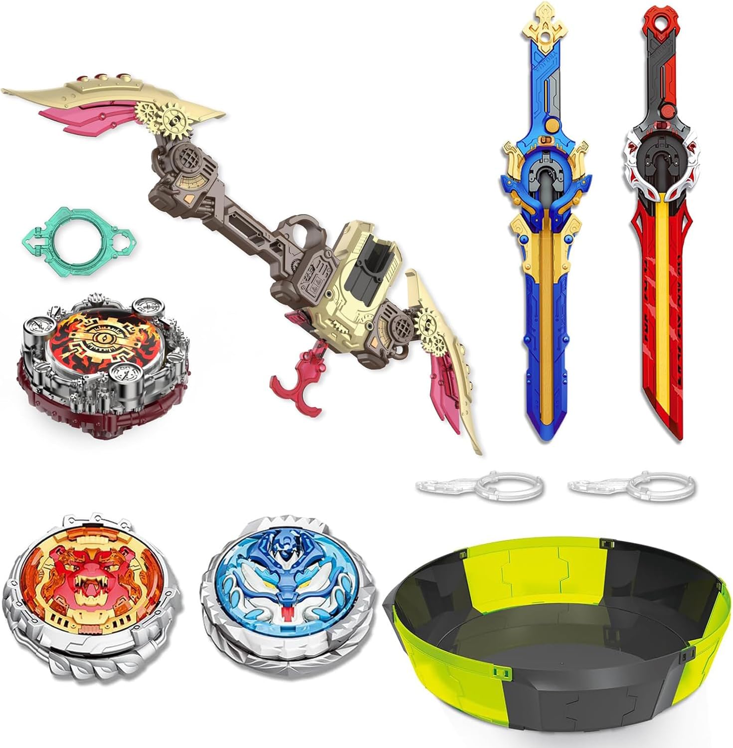 INFINITY NADO Battle Set with Arena, Sword Launchers & Bow Launcher, Metal Glowing Battle Top, Attack vs Balance Type Right/Left-Spinning Top Game Toys for Boys Girls 5+